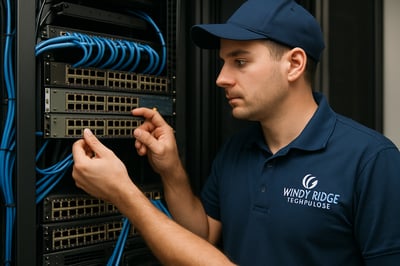Technician configuring network equipment for Windy Ridge Technology Technician configuring network equipment for Windy Ridge Technology
