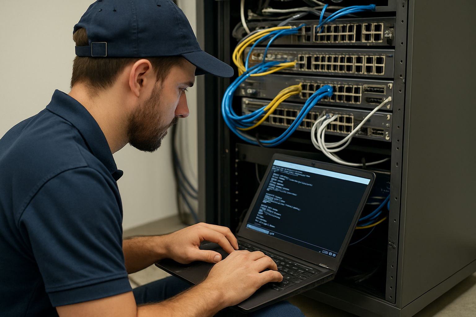 Technician programming network equipment onsite